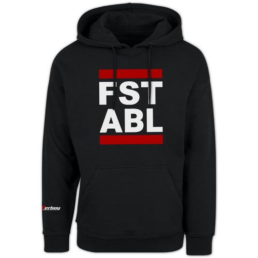 schwarzer sk8erboy kaputzen pullover gay fetisch sweat shirt mit logo auf dem arm und FST ABL auf der vorderseite in schwarz weiss rot